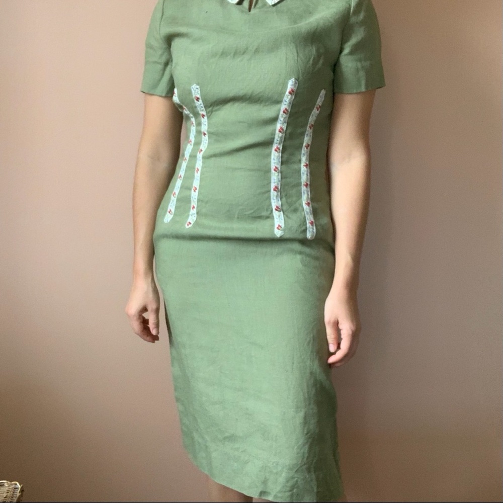 50s/60s Linen Collared Dress - Picture 3 of 7